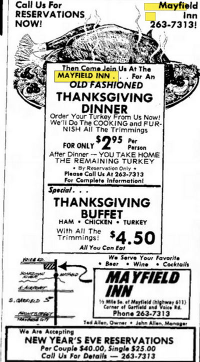 Mayfield Inn - Nov 12 1977 Ad